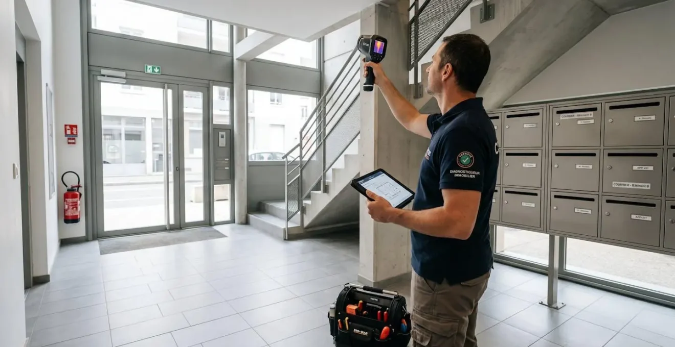 Diagnostiqueur certifié inspectant le hall d'entrée d'une copropriété française avec une caméra thermique et une tablette professionnelle