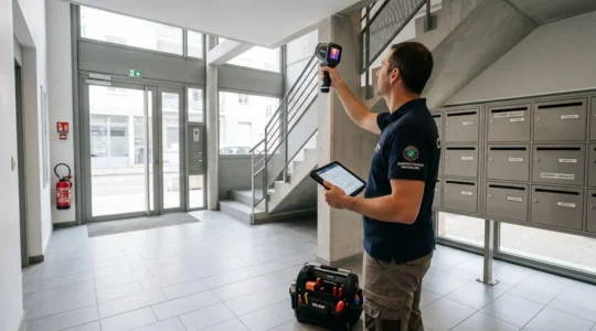Diagnostiqueur certifié inspectant le hall d'entrée d'une copropriété française avec une caméra thermique et une tablette professionnelle