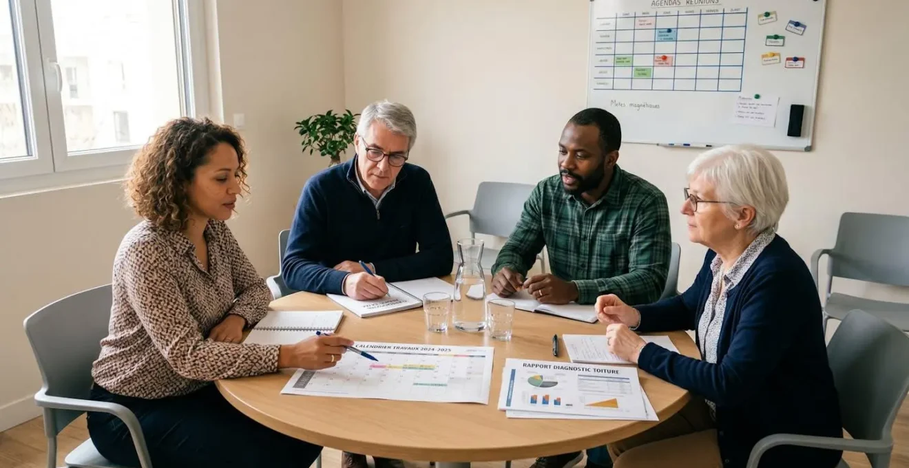 Réunion de conseil syndical d'une copropriété avec copropriétaires et syndic consultant les calendriers de diagnostics obligatoires