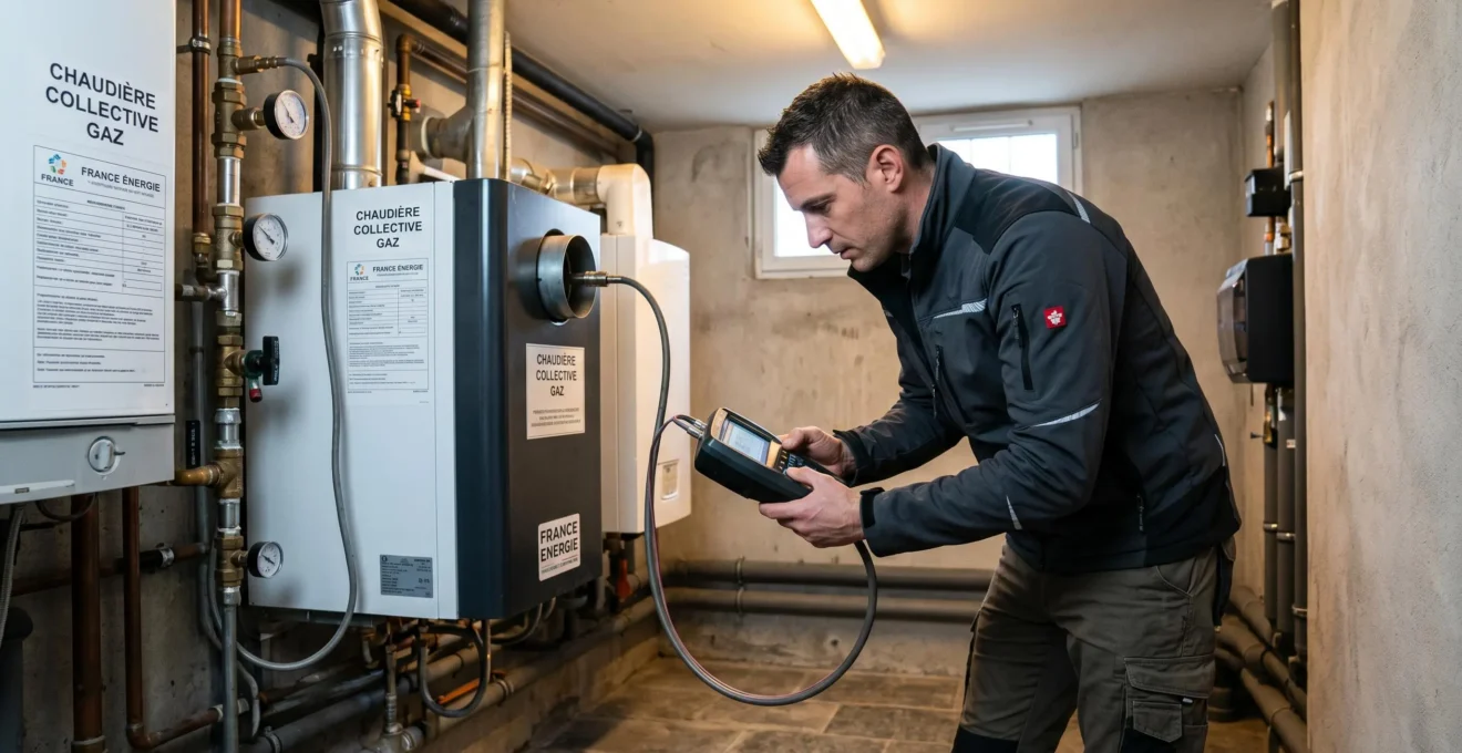 Technicien DPE effectuant des relevés de combustion sur la chaudière collective d'une copropriété avec un analyseur professionnel