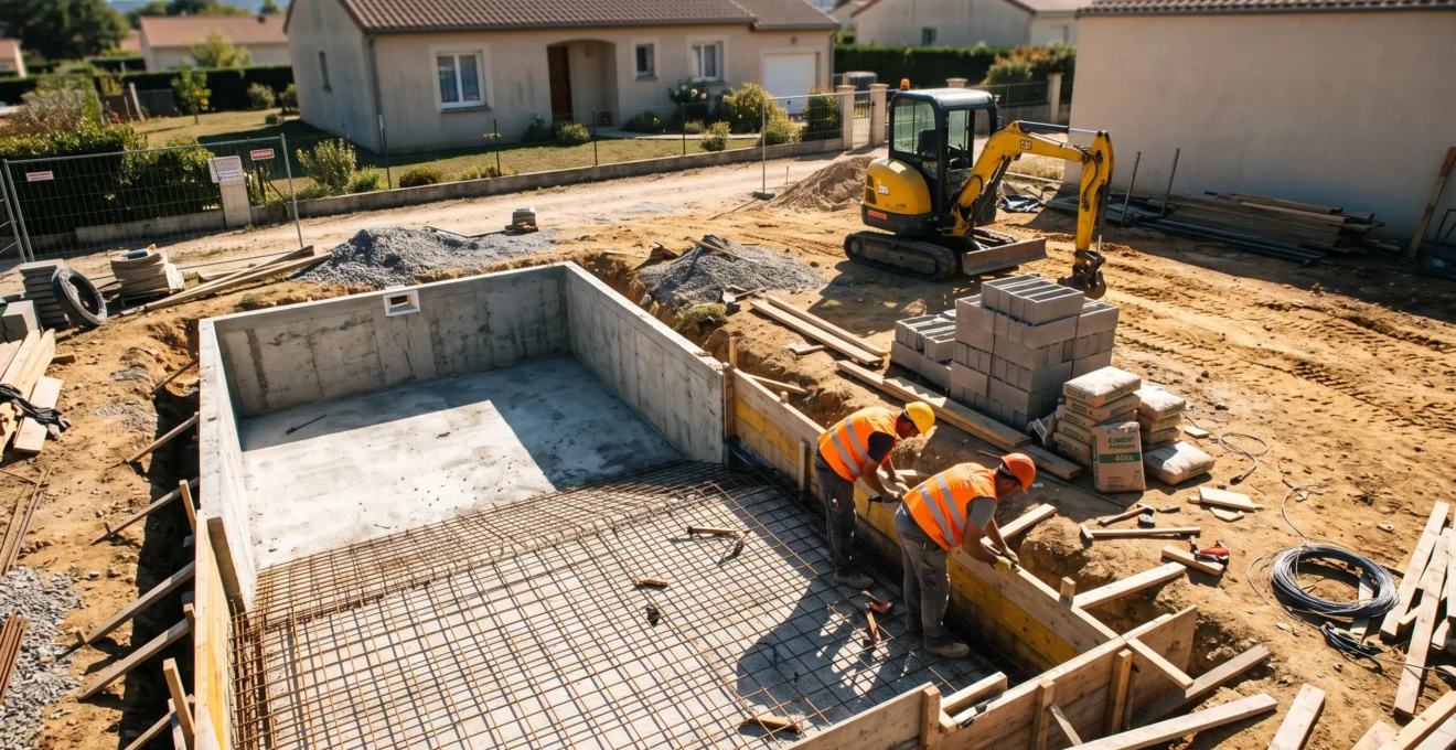 Chantier de construction de piscine enterrée avec excavation rectangulaire, ferraillage apparent du radier béton et deux ouvriers en équipement de sécurité travaillant sur le coffrage, mini-pelle jaune en arrière-plan