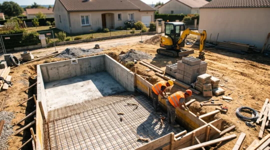 Chantier de construction de piscine enterrée avec excavation rectangulaire, ferraillage apparent du radier béton et deux ouvriers en équipement de sécurité travaillant sur le coffrage, mini-pelle jaune en arrière-plan