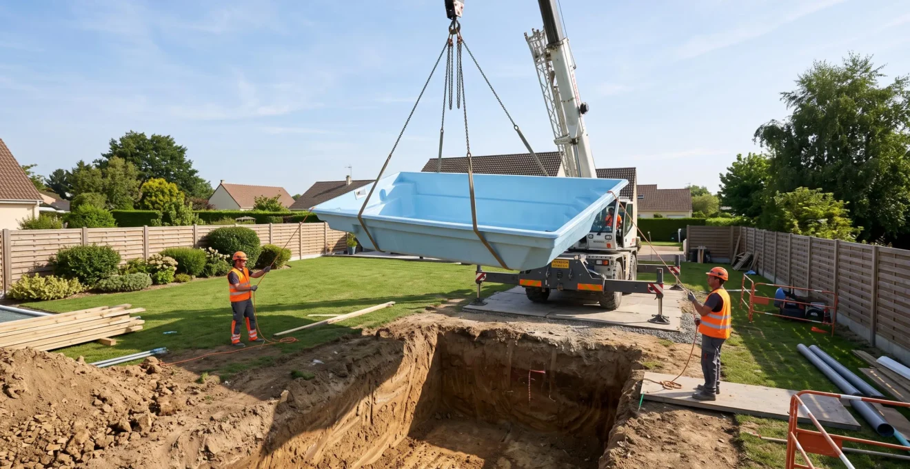 Grue de chantier soulevant une coque de piscine polyester bleu au-dessus d'une excavation, deux ouvriers en équipement de sécurité guidant la descente du bassin dans le terrain