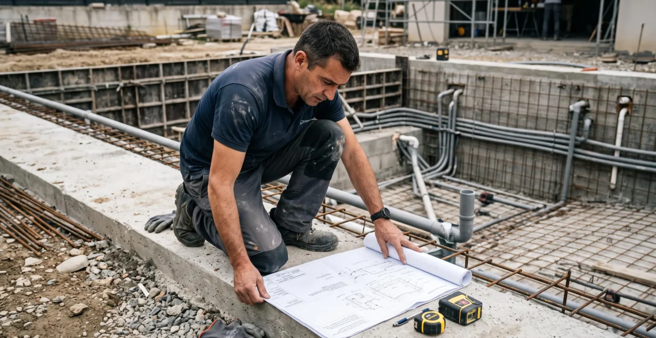 Pisciniste professionnel agenouillé au bord d'une piscine en construction, consultant des plans techniques déroulés sur la margelle béton, outils de mesure à proximité